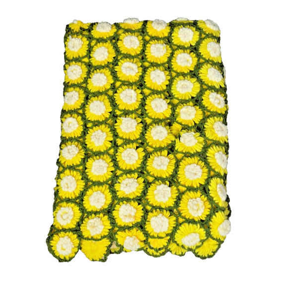 Vintage Crocheted Daisy Afghan Lap Blanket Green White Yellow 49x64 Floral - Picture 1 of 15